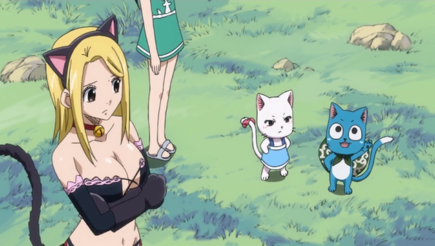 blue_cat cap charle_(fairy_tail) cleavage fairy_tail grass happy_(fairy_tail) large_breasts lucy_heartfilia open_mouth rocks wendy_marvell white_cat