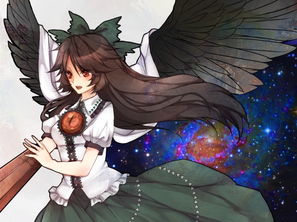 arm_cannon bad_id bad_pixiv_id black_hair black_wings bow cape face green_bow hair_bow large_wings long_hair red_eyes reiuji_utsuho solo space tomoe_(itigo) touhou weapon wings
