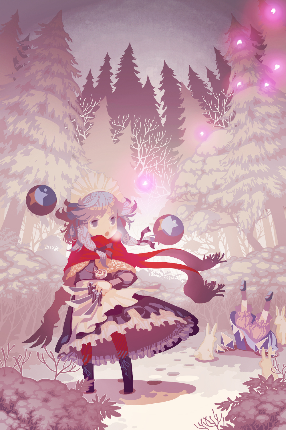 ball bloomers boots braid breath bunny cirno faceplant failure fallen_down footprints forest highres izayoi_sakuya knife maid_headdress multiple_girls nature orb outdoors pantyhose perfect_cherry_blossom petals pocket_watch scarf scenery short_hair silver_hair snow star striped striped_legwear touhou tree twin_braids underwear upside-down vertical-striped_legwear vertical_stripes watch winter winter_clothes zounose