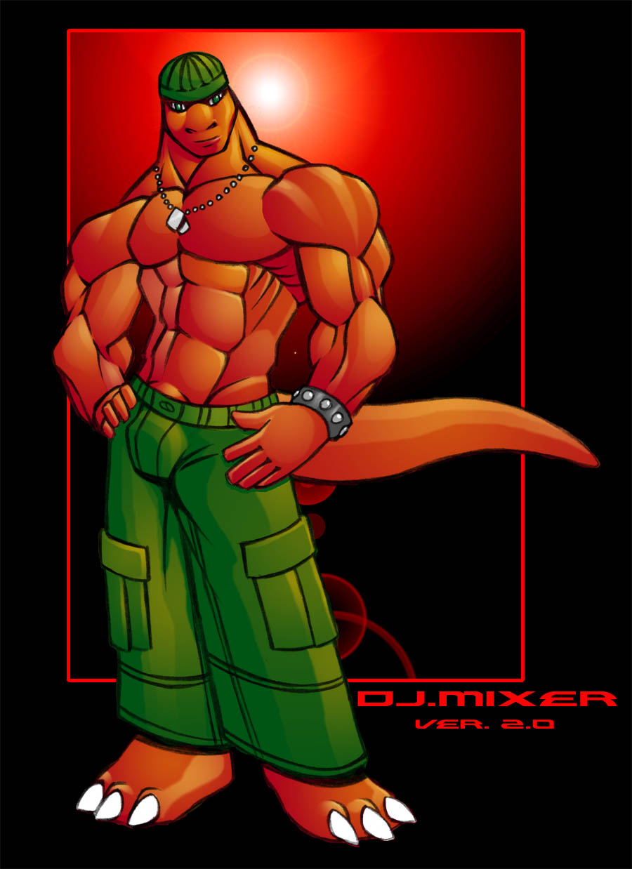 claws dinosaur dj_mixer_(character) green_eyes lizard looking_at_viewer male muscles reptile scalie standing t-rex tail tkc2021