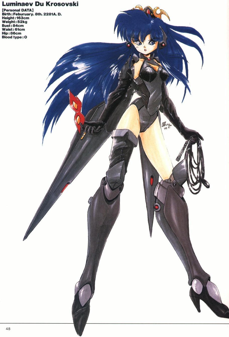 90s ahoge akitaka_mika armor bdsm black_armor black_gloves blue_eyes blue_hair boots character_name crown dominatrix full_body ginga_ojou-sama_densetsu_yuna gloves greaves high_heels highres knee_boots long_hair looking_at_viewer luminaev_du_krosovski mask mecha_musume official_art pauldrons scan shoes sidelocks simple_background single_thighhigh solo thighhighs weapon whip white_background