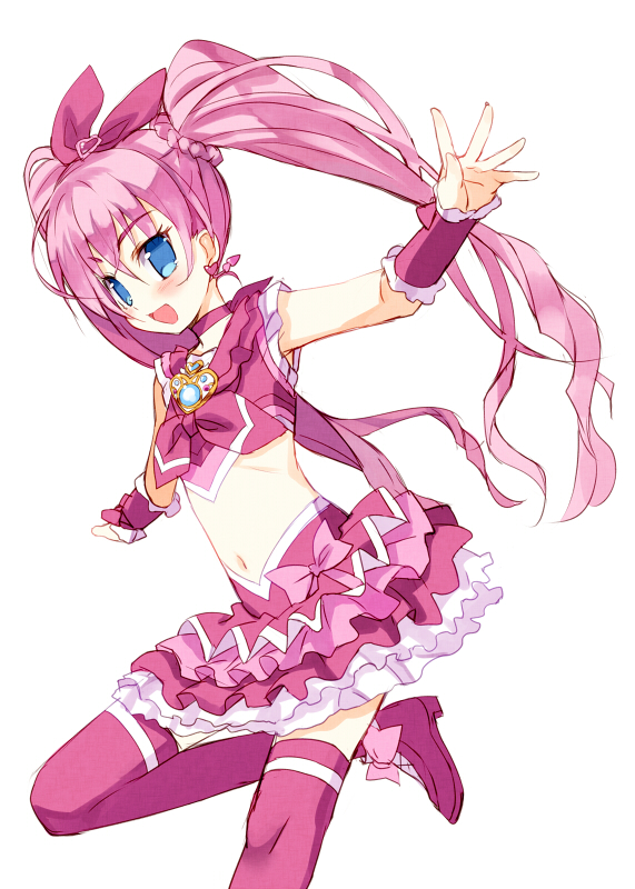 blue_eyes blush bow choker cure_melody houjou_hibiki long_hair magical_girl meito_(maze) midriff navel pink_bow pink_choker pink_hair precure ribbon solo suite_precure thighhighs twintails very_long_hair