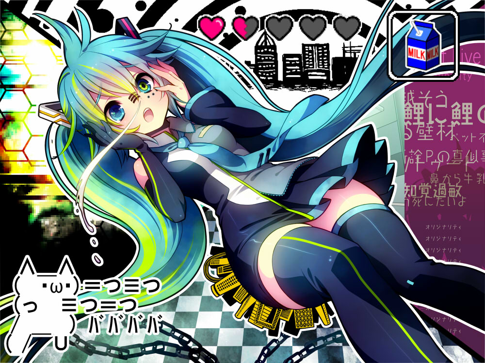 black_rock_shooter double_lariat_(vocaloid) ebira_(ruvie) hatsune_miku hatsune_miku_(roshin_yuukai/nitamagomix) hatsune_miku_no_shoushitsu_(vocaloid) hello_planet_(vocaloid) matryoshka_(vocaloid) melt_(vocaloid) migikata_no_chou_(vocaloid) miku_miku_ni_shite_ageru_(vocaloid) parody romeo_to_cinderella_(vocaloid) roshin_yuukai_(vocaloid) solo songover thighhighs vocaloid