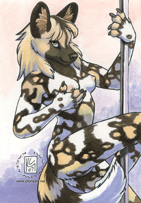 2003 african_wild_dog amber_eyes breast_fondling breasts brown canine dancing dog female fondling kacey looking_at_viewer markings nude otonashi pole_dancing solo standing tail