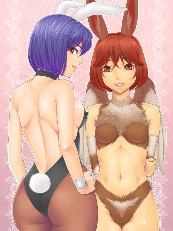 abs animal_ears arm_holding ass back backless_outfit bad_id bad_pixiv_id bare_back bare_shoulders blue_hair breasts bunny_(monster_farm) bunny_ears bunny_tail detonakuriko lips looking_back midriff monster_farm mopsy_(monster_farm) multiple_girls navel pantyhose red_eyes short_hair small_breasts tail wings