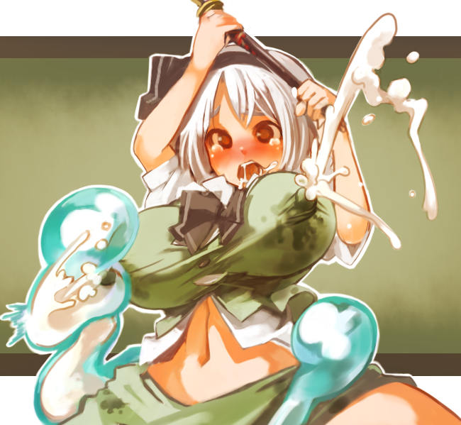 breasts ghost konpaku_youmu lactation large_breasts red_eyes sachito silver_hair solo touhou