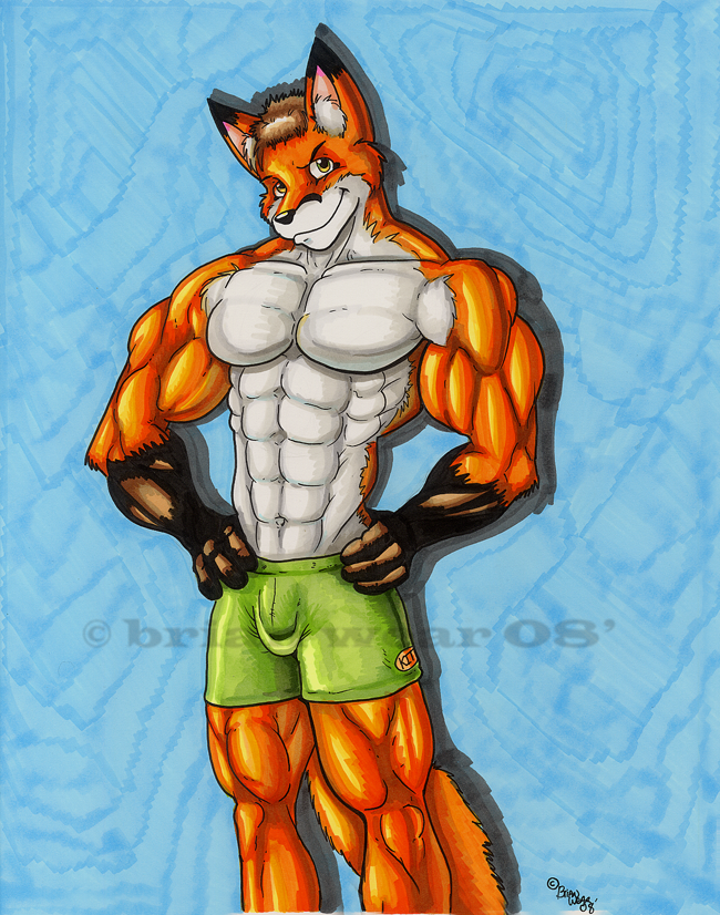 08 10pack abs abstract_background anthro bulge canine clothing fox kit looking_at_viewer male mammal muscles pose shorts shoulder-back smile solo standing tail topless wolfgangcake