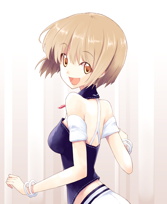 bare_shoulders bob_cut bracelet breasts brown_hair jewelry looking_at_viewer naporu open_mouth orange_eyes original short_hair small_breasts smile solo