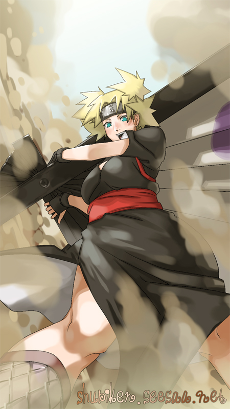 :d blonde_hair blue_eyes dust fan fingerless_gloves fishnets forehead_protector from_below gloves japanese_clothes naruto open_mouth quad_tails shuriken_(artist) smile solo standing temari