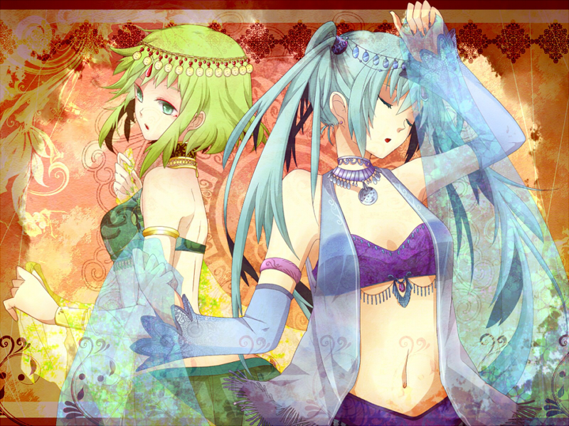 alternate_costume bad_id bad_pixiv_id bare_back bare_shoulders blue_hair choker closed_eyes green_eyes green_hair gumi hair_ornament hatsune_miku jewelry long_hair midriff multiple_girls navel necklace see-through short_hair sss3 vocaloid wine_berry_(vocaloid)
