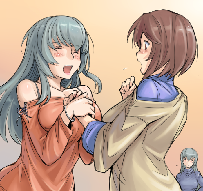 blush breasts brown_hair casual closed_eyes happy large_breasts long_hair multiple_girls older open_mouth rozen_maiden short_hair siblings silver_hair sisters smile souseiseki suigintou tsuda_nanafushi