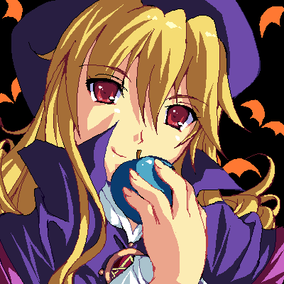 apple bat blonde_hair brooch enoo food fruit hat holding holding_food holding_fruit jewelry long_hair lowres marivel_armitage oekaki red_eyes shawl simple_background smile solo two-tone_background wild_arms wild_arms_2