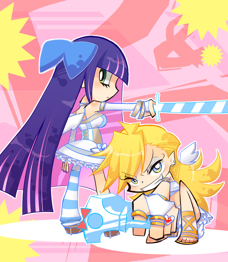 2girls angel back_lace gun multiple_girls panty_&amp;_stocking_with_garterbelt panty_(character) panty_(psg) smile stocking_(character) stocking_(psg) stripes_i_&amp;_ii weapon wings