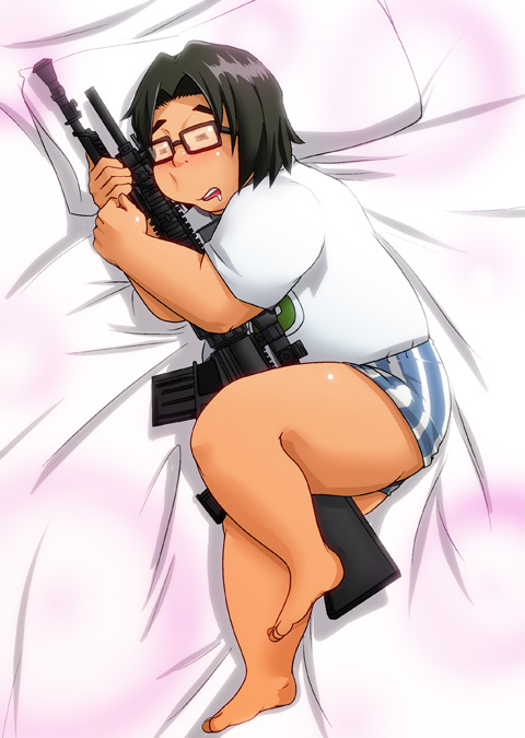 black_hair boxers chubby glasses gun highschool_of_the_dead hirano_kohta pillow pillows plump saliva sleeping underwear weapon