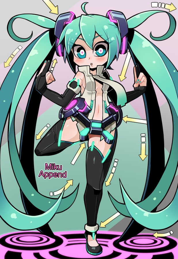 ahoge anklet aqua_eyes aqua_hair directional_arrow hatsune_miku hatsune_miku_(append) jewelry long_hair nail_polish navel necktie solo soxy standing standing_on_one_leg thighhighs twintails very_long_hair vocaloid vocaloid_append