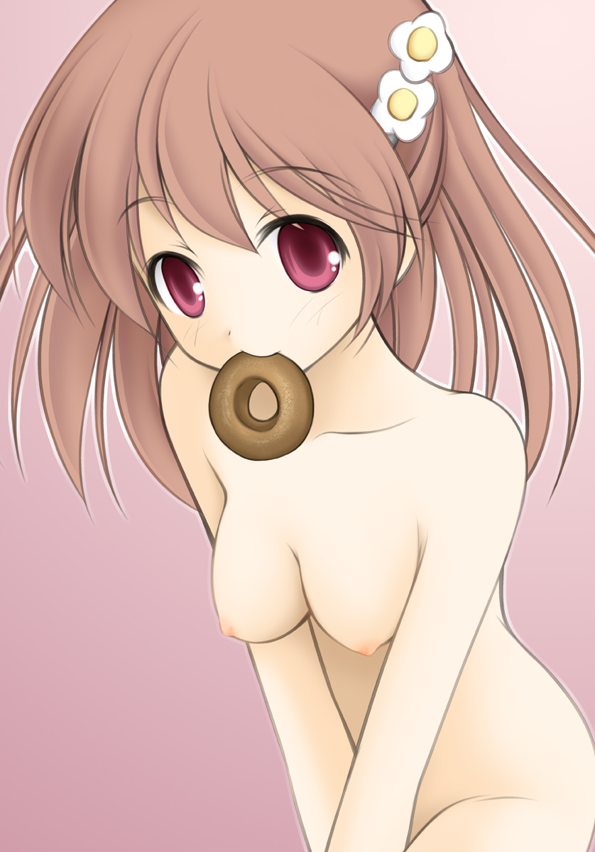 bad_id bad_pixiv_id breasts brown_hair doughnut flyable_heart food food_in_mouth hair_ornament hairpin highres inaba_yui leaning_forward long_hair medium_breasts mouth_hold nipples nude purple_eyes smile solo tapioka_(coconuts) v_arms