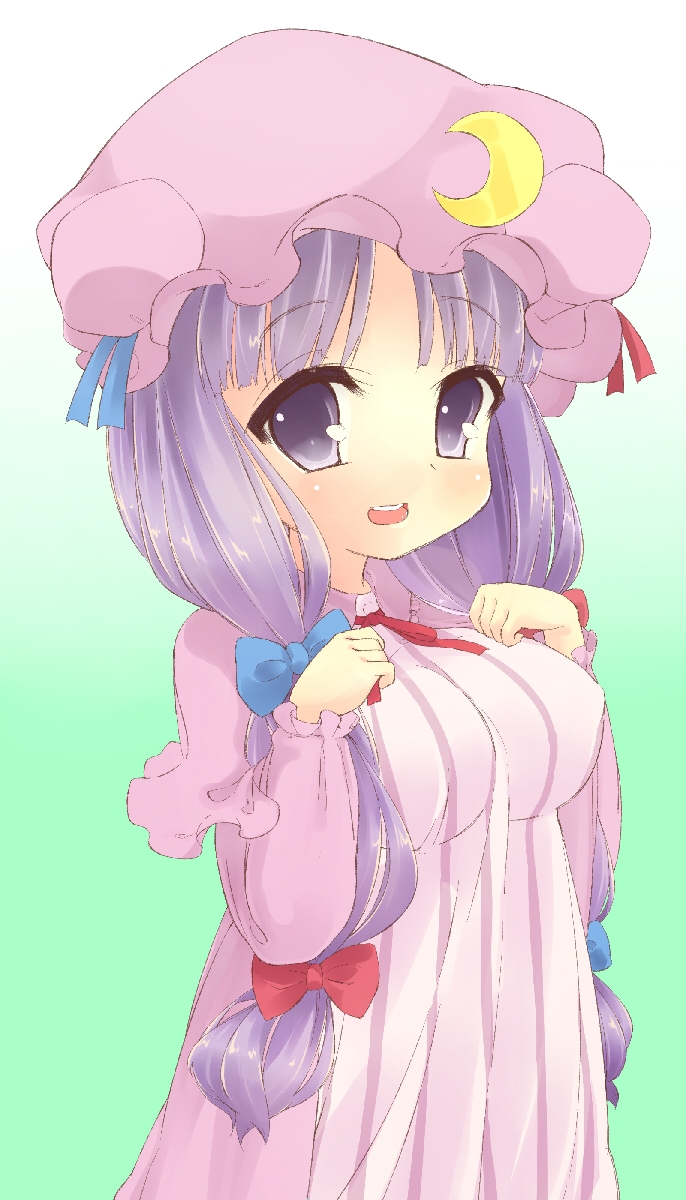 bow crescent hair_bow hat highres kaimantokage long_hair patchouli_knowledge purple_eyes purple_hair solo touhou