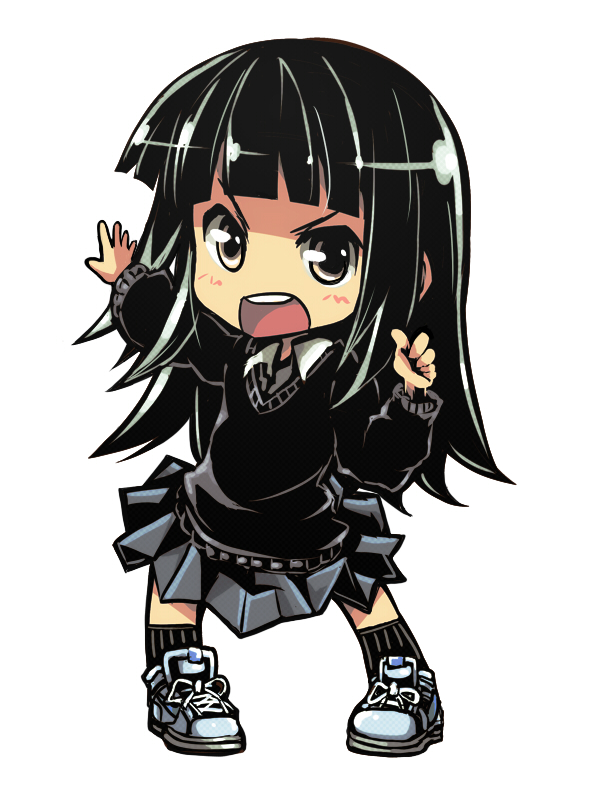angry bangs black_hair blunt_bangs chibi d: full_body katteni_kaizou long_hair natori_umi open_mouth outstretched_arm pose round_teeth school_uniform shoes simple_background skirt sneakers solo sweater teeth tom_(drpow) v-shaped_eyebrows white_background