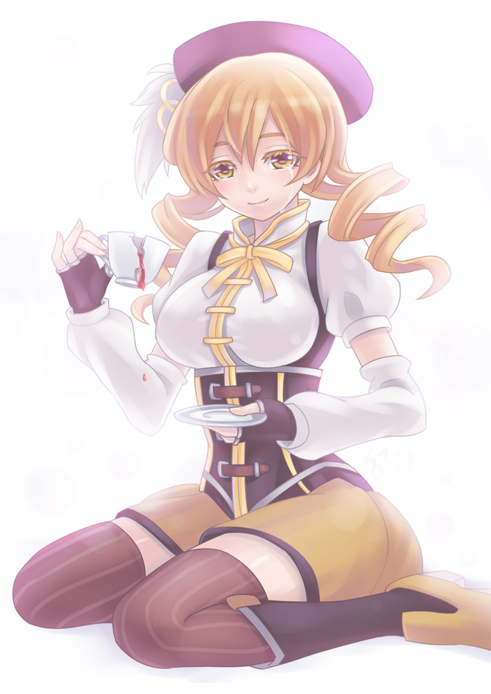 blonde_hair cup detached_sleeves drill_hair fingerless_gloves gloves hat kaizeru magical_girl mahou_shoujo_madoka_magica short_hair solo teacup tears thighhighs tomoe_mami twintails yellow_eyes