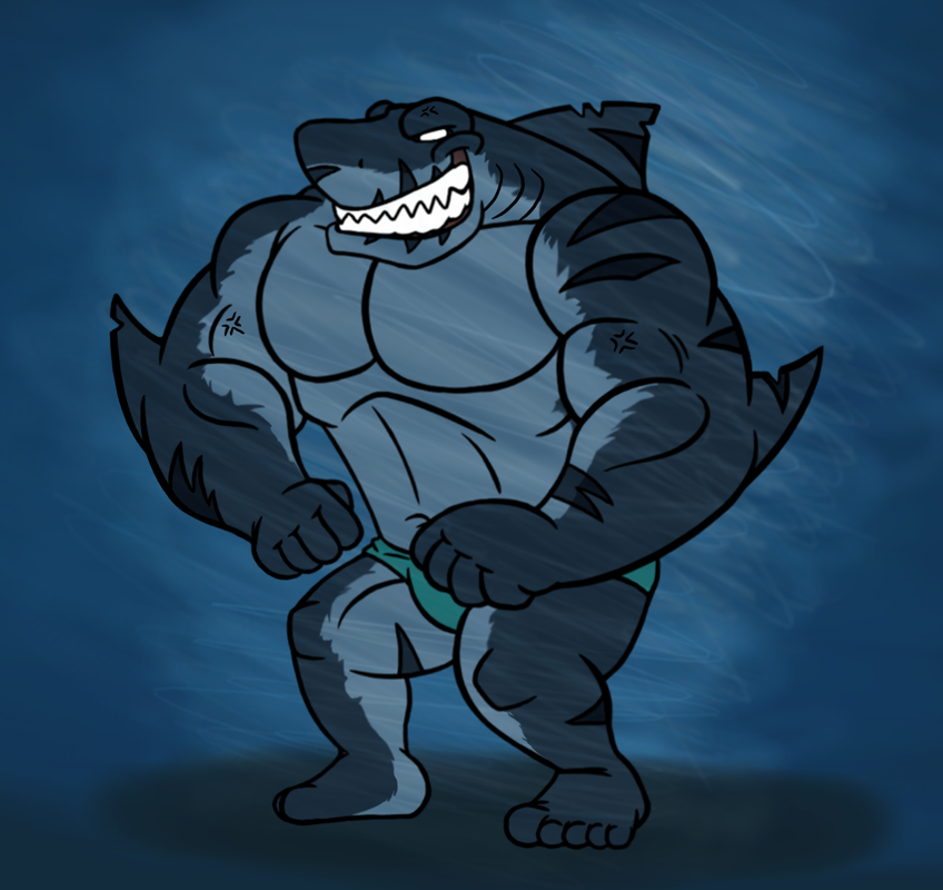 dorsal_fin fangs fins gills grin houndgrey looking_at_viewer male marine muscles scalie shark solo speedo standing underwear