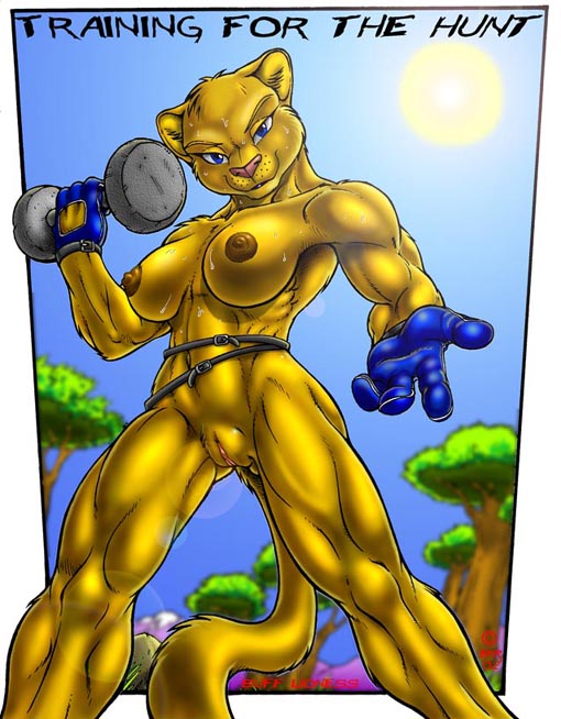 buff dumbbell feline female gloves lens_flare lion max_blackrabbit muscles nude reaching solo sweat training worm's_eye_view