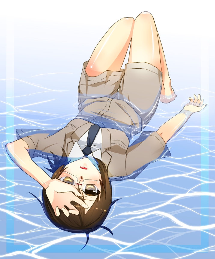 brown_hair female full_body glasses gradient gradient_background looking_at_viewer lying necktie on_back open_mouth original short_hair solo submerged uniform water yellow_eyes