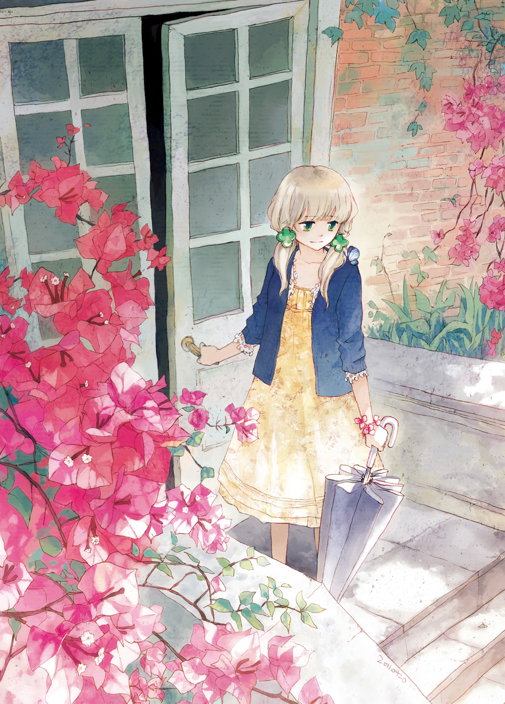 2011 blonde_hair bougainvillea_(flower) bracelet brick_wall bug butterfly clover_hair_ornament dated door dress flower green_eyes hair_ornament highres insect jewelry light_smile long_hair low_twintails orange_dress original selina solo standing twintails umbrella