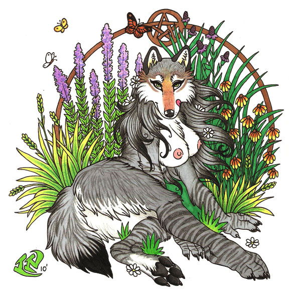 anthro breasts canine female flower flowers luthiennightwolf mammal nipples nude pentagram solo wolf