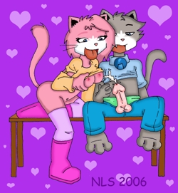 aeris_(vg_cats) bed bell breasts cat cum cumshot feline female grey leo_(vg_cats) male orgasm penis pink shirt_lift sitting straight tail thigh_highs tongue unknown_artist vgcats whiskers