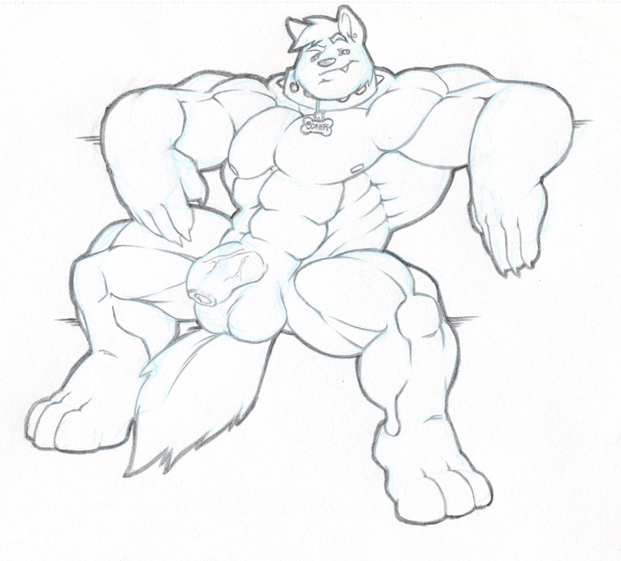 balls big_balls canine claws collar ear_piercing fangs grin looking_at_viewer male muscles penis piercing presenting sitting sketch solo spread_legs spreading tail tkc2021 wolf