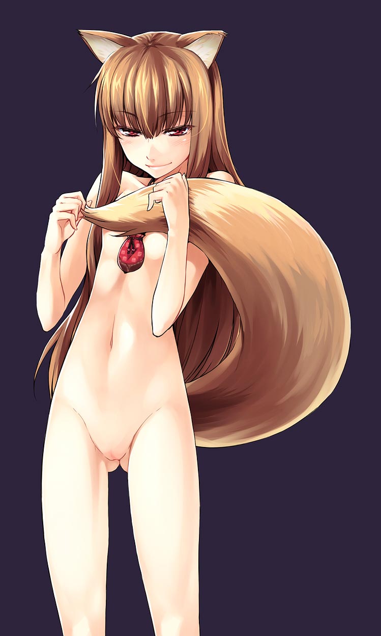 animal_ears brown_hair canine covering_self female flat_chest hair hentai horo long_brown_hair long_hair looking_at_viewer necklace nude ookami_to_koushinryou ookamimimi pussy red_eyes solo standing tail unknown_artist