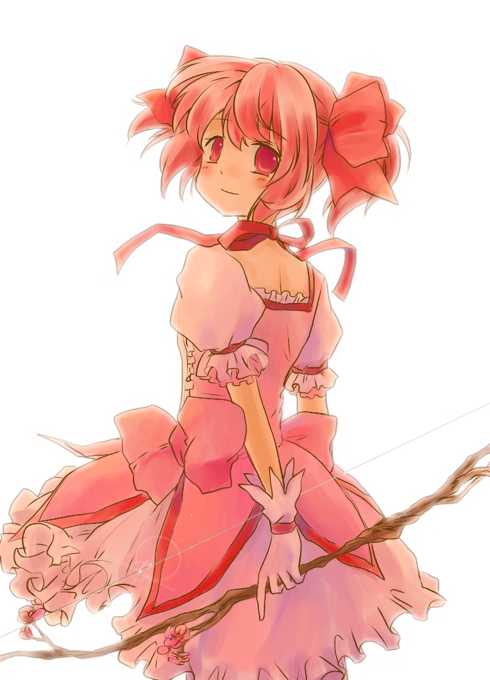 blush bow_(weapon) from_behind gloves kaname_madoka light_smile looking_back magical_girl mahou_shoujo_madoka_magica momoiro pink_eyes pink_hair short_hair simple_background solo twintails weapon white_gloves