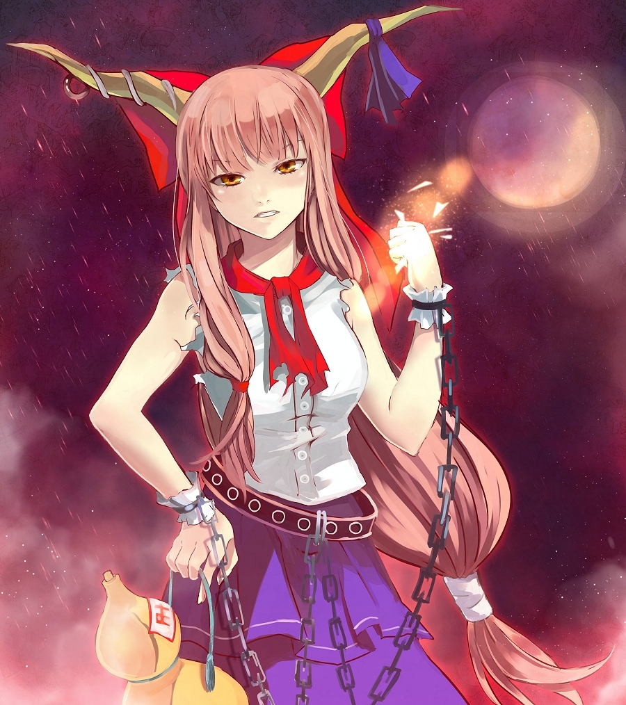 bad_id bad_pixiv_id blonde_hair bow breasts brown_eyes brown_hair chain chirosuke clenched_teeth crushing destruction face gourd hair_bow hand_on_hip horns ibuki_suika long_hair looking_at_viewer medium_breasts older ribbon solo teeth torn_clothes touhou tsurime