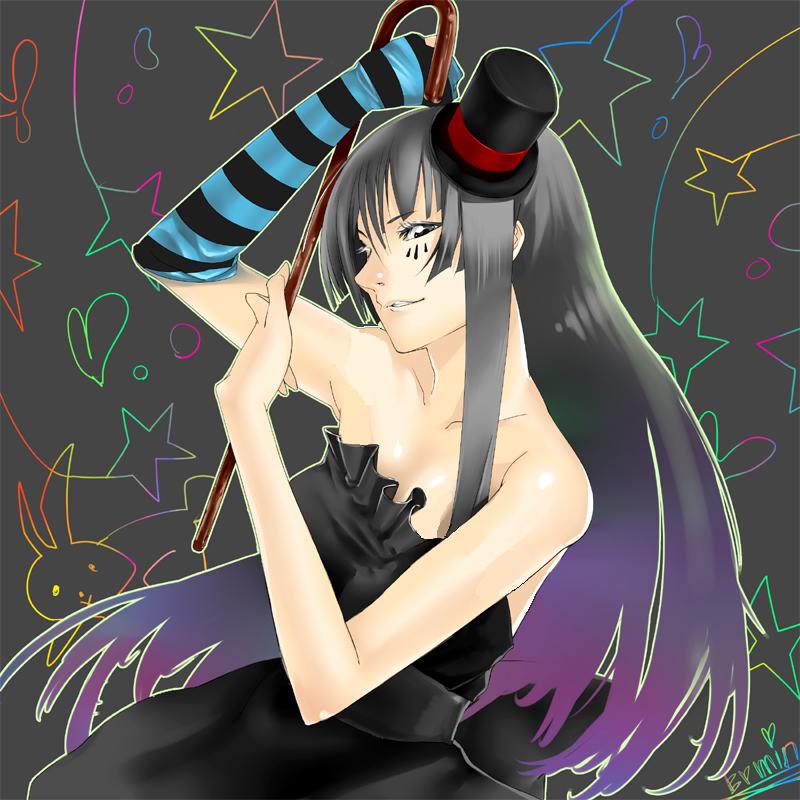 akiyama_mio asymmetrical_clothes asymmetrical_clothing bare_shoulders black_hair breasts bunny cane colorful don't_say_lazy don't_say_"lazy" don't_say_lazy dress female hat heart k-on! long_hair mini_top_hat off_shoulder rainbow single_glove solo star strapless strapless_dress striped top_hat