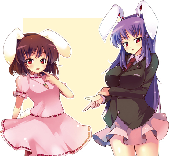 animal_ears blazer breast_hold breasts brown_hair bunny_ears bunny_tail carrot dress finger_gun impossible_clothes impossible_shirt inaba_tewi ippongui jacket jewelry large_breasts long_hair miniskirt multiple_girls necktie pendant purple_hair red_eyes reisen_udongein_inaba shirt short_hair skirt tail tongue touhou very_long_hair