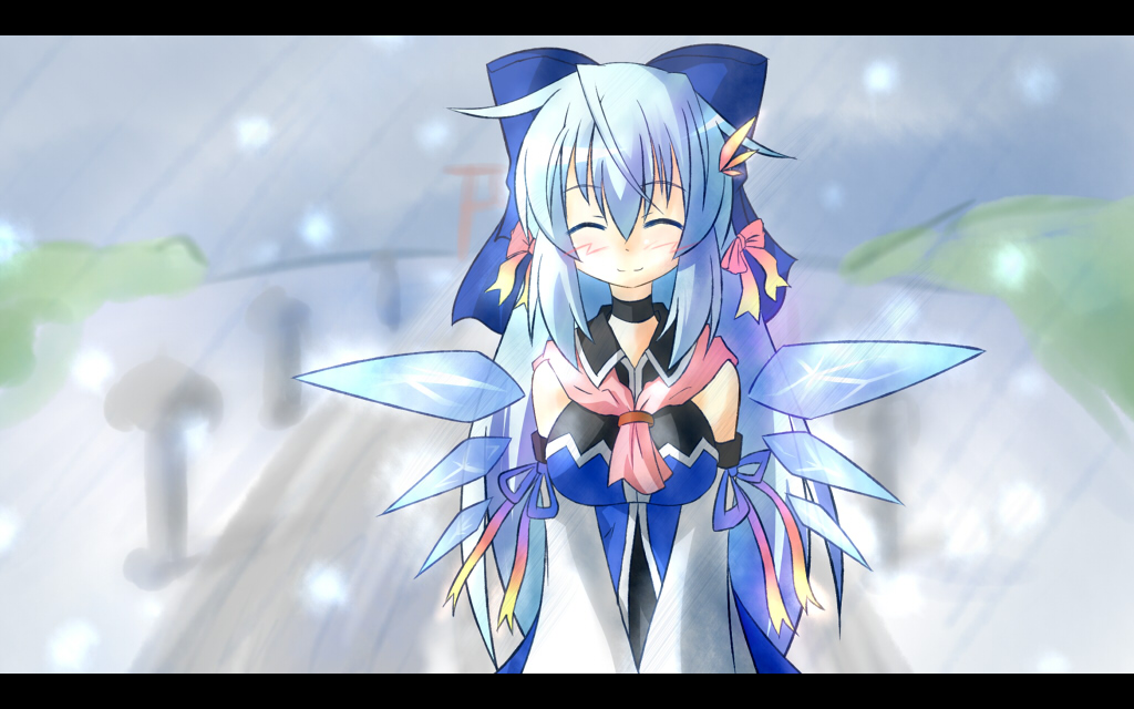 ^_^ alternate_costume alternate_hair_length alternate_hairstyle blue_dress blue_hair blush bow choker cirno closed_eyes detached_sleeves dress hair_bow hair_ribbon ice letterboxed long_hair neckerchief older ribbon smile snow solo standing touhou wings yurume_atsushi