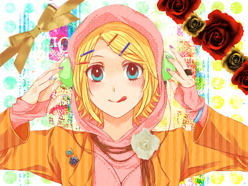 :q aqua_eyes bad_id bad_pixiv_id blonde_hair blush flower hair_ornament hairclip headphones hood hoodie jacket jewelry kagamine_rin nail_polish pins red_flower red_rose ring rose short_hair smile solo tohhhhh tongue tongue_out vocaloid white_flower white_rose yellow_flower yellow_rose