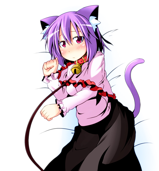 animal_ears bed_sheet bell bell_collar belt cat_ears cat_tail collar collarbone ichimi kemonomimi_mode leash lying nagae_iku on_side paw_pose purple_hair red_eyes solo tail touhou