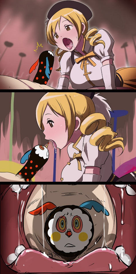 1girl blonde_hair breasts butcha-u charlotte_(madoka_magica) drill_hair fellatio hat irony large_breasts mahou_shoujo_madoka_magica mami_mogu_mogu open_mouth oral parody pov role_reversal saliva sexually_suggestive spoilers tomoe_mami yellow_eyes