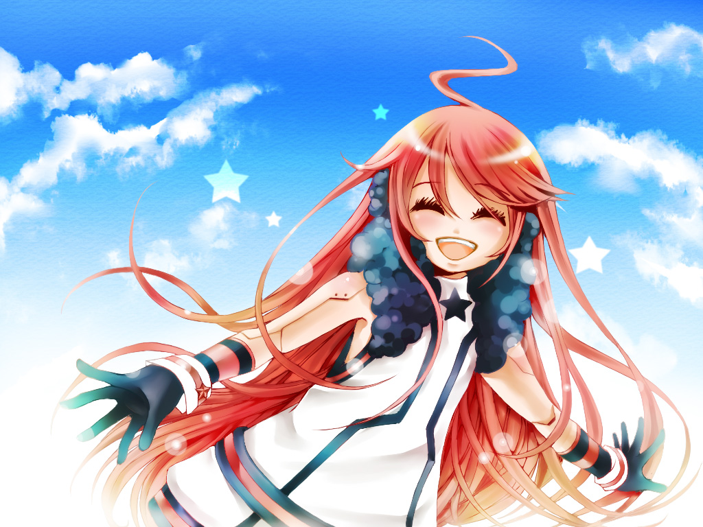 ahoge closed_eyes cloud cuffs day dress gloves long_hair open_mouth red_hair sf-a2_miki sky smile solo star vocaloid yanagisato_ao