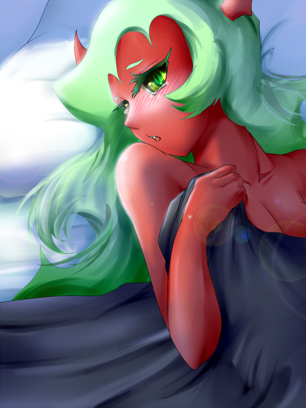 bed blush breasts cleavage demon_girl ingenmame lying nabeshiki_(ingenmame) panty_&amp;_stocking_with_garterbelt red_skin scanty scanty_(psg) tears