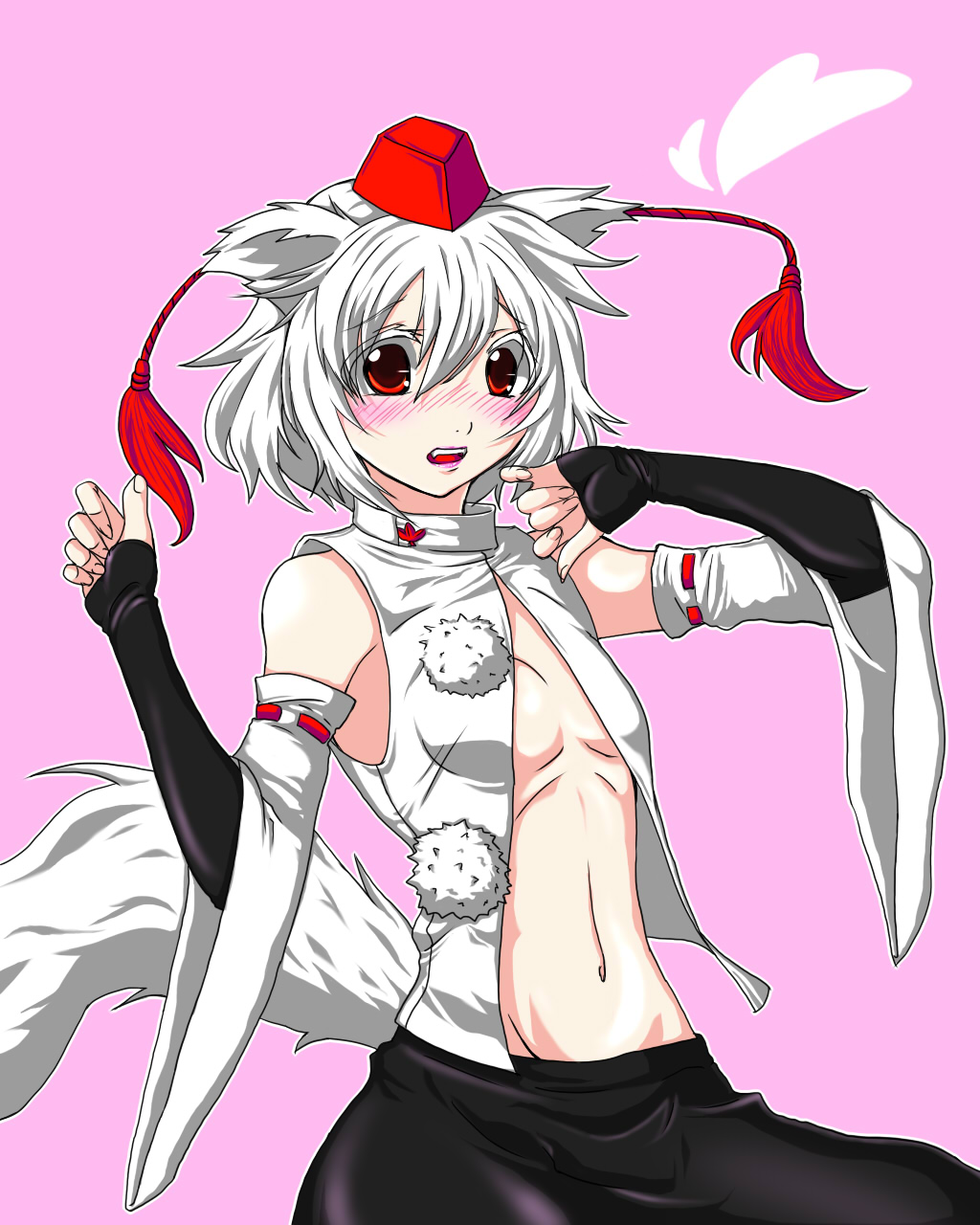 animal_ears atmp1009 detached_sleeves flat_chest hat highres inubashiri_momiji navel open_clothes open_shirt red_eyes shirt short_hair solo tail tokin_hat touhou white_hair wolf_ears wolf_tail