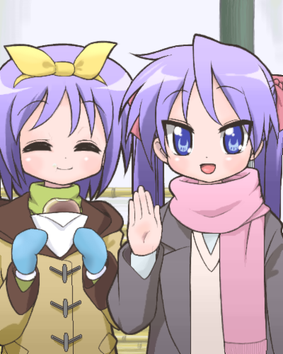 bad_id bad_pixiv_id blue_eyes bread closed_eyes eating fjt_(fjym2) food hiiragi_kagami hiiragi_tsukasa long_hair lowres lucky_star mittens multiple_girls purple_hair scarf short_hair siblings sisters twins twintails waving winter_clothes