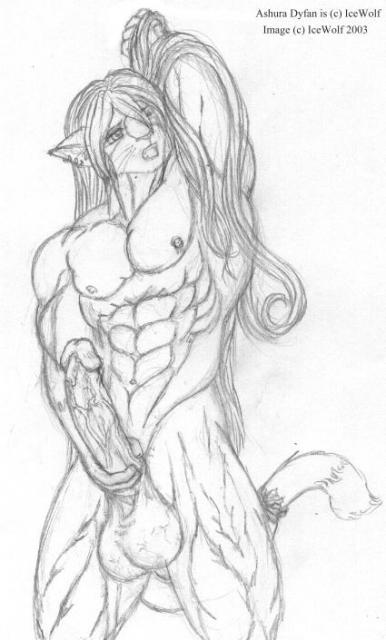 anthro ball balls ear_piercing erection feline hair huge_penis icewolf jewelry long-hair long_hair male mammal muscles nipples nude open_mouth penis piercing pose presenting solo