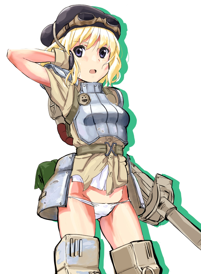 armor bad_id bad_pixiv_id beret blonde_hair blue_eyes cecilia_glinda_miles gloves goggles goggles_on_head gun hat headphones open_mouth panties short_hair solo tetsujin_momoko underwear weapon world_witches_series