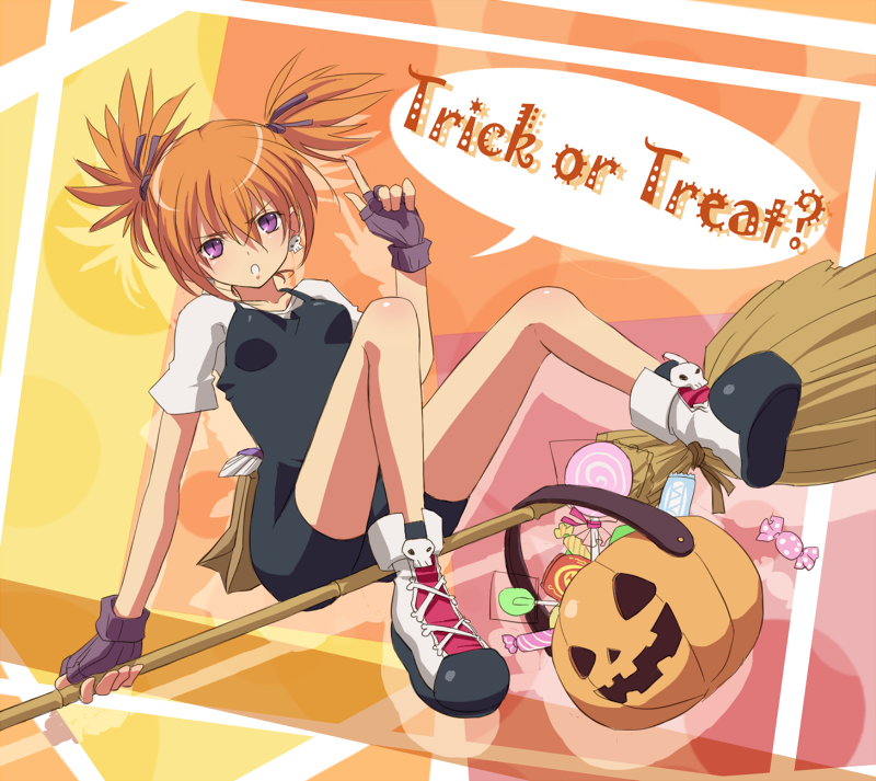 :o ankle_boots annoyed arai_nobu bad_id bad_pixiv_id bangs boots breasts broom broom_riding bucket candy drop_shadow dutch_angle earrings english fingerless_gloves food full_body gloves hair_between_eyes hair_ribbon halloween halloween_basket index_finger_raised jack-o'-lantern jewelry knees_up lollipop looking_at_viewer matilda_matisse orange_background orange_hair pink_background polka_dot polka_dot_background pouch pumpkin purple_eyes purple_gloves purple_ribbon ribbed_gloves ribbon shadow shaman_king shirt short_hair short_sleeves short_twintails sitting skull_earrings skull_print slit_pupils small_breasts solo speech_bubble spiked_hair striped swirl_lollipop trick_or_treat twintails unitard v-shaped_eyebrows white_footwear white_shirt yellow_background