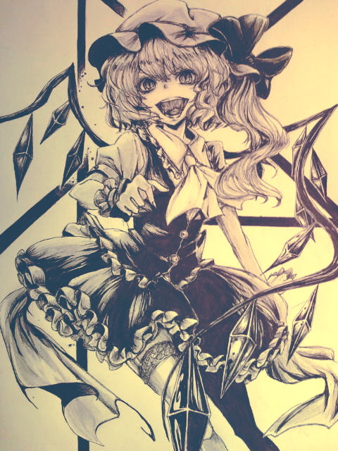 ascot bad_id bad_pixiv_id coco_maru flandre_scarlet hat monochrome short_hair solo thighhighs touhou traditional_media wings