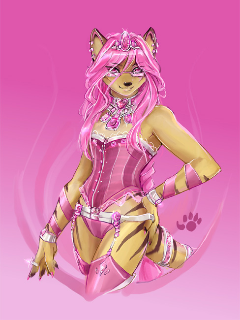 ambiguous_gender calix corset crossdressing glasses jewelry lingerie male marsupial pawprint pink_eyes pink_hair pose solo thumbclawz thylacine