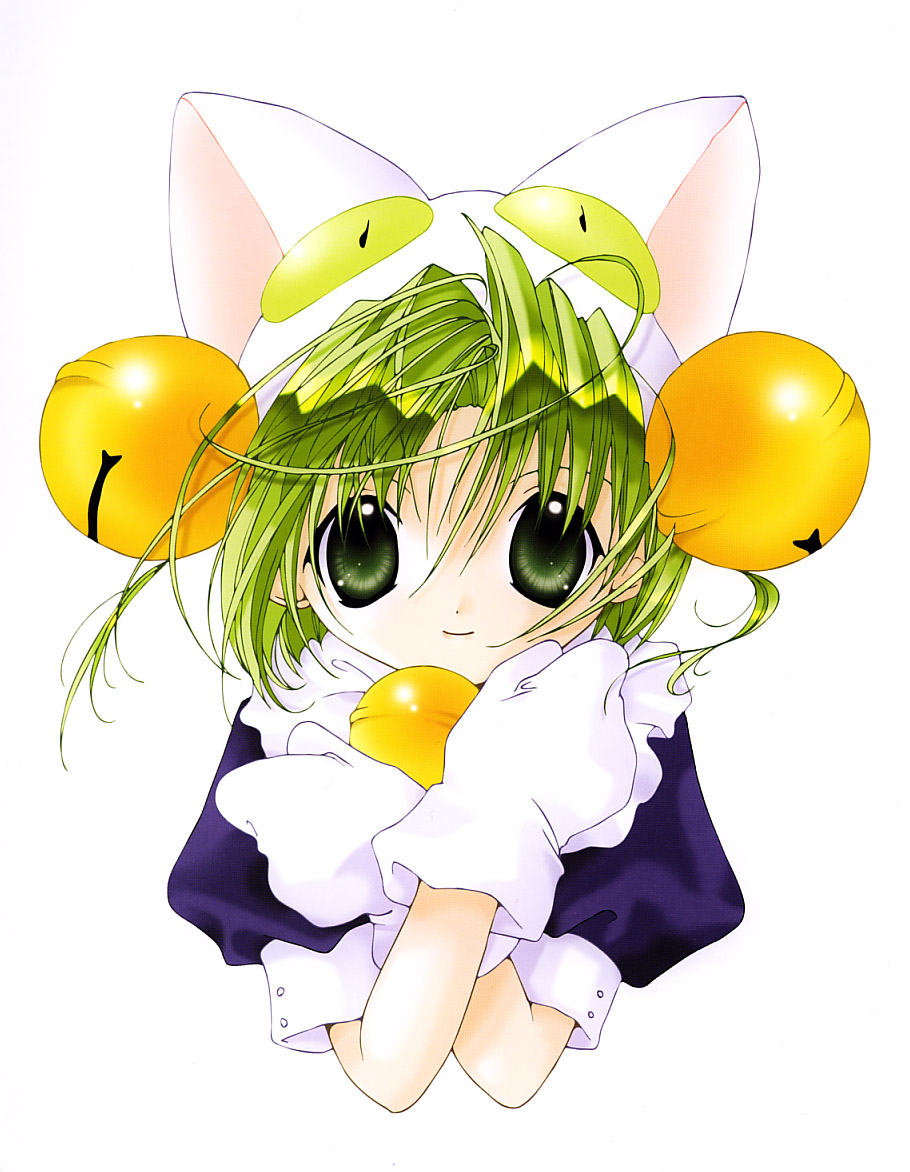 animal_ears animal_hat bangs bell bell_collar cat_ears cat_hat closed_mouth collar dejiko di_gi_charat gloves green_eyes green_hair hair_bell hair_between_eyes hair_ornament hat jingle_bell koge_donbo looking_at_viewer puffy_short_sleeves puffy_sleeves short_hair short_sleeves smile solo upper_body white_background white_gloves