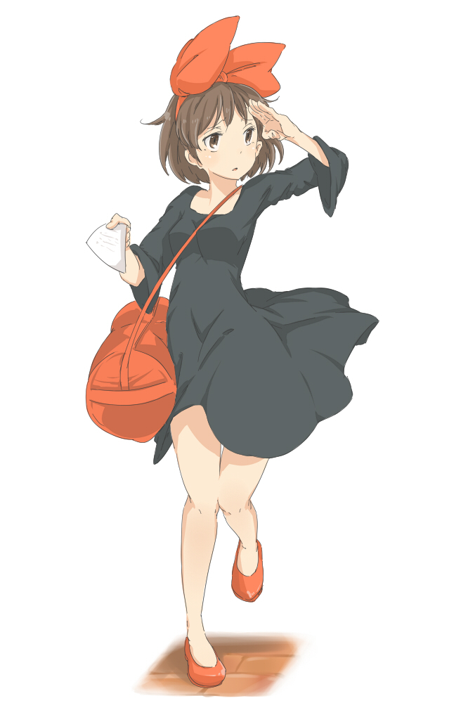 bag black_dress bow brown_eyes brown_hair dress duffel_bag error hair_bow kiki letter looking_afar looking_to_the_side majo_no_takkyuubin no_socks open_mouth red_bow red_footwear shading_eyes shoes short_hair solo standing white_background zukaketawagase